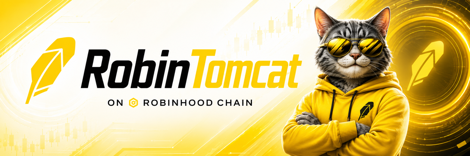 RobinTomcat banner with logo, mascot, and yellow trading graphics